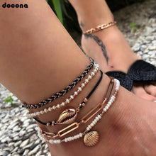 Load image into Gallery viewer, docona Boho Gold Shell Cowrie Anklet Set for Women Black Weaving White Pearl Charms Beaded Anklet Foot Chain Jewelry  8007