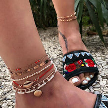 Load image into Gallery viewer, docona Boho Gold Shell Cowrie Anklet Set for Women Black Weaving White Pearl Charms Beaded Anklet Foot Chain Jewelry  8007